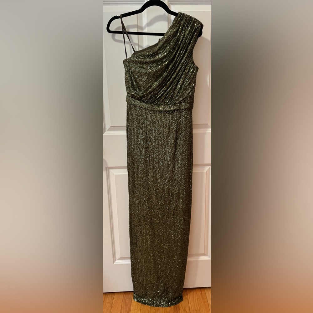 Dark Green Sequined Ruched One Shoulder Gown Ieena by Mac Duggal